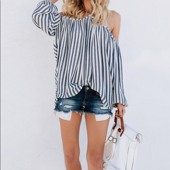 5⭐️ /SERENITY/ Cold Shoulder Striped Blouse Top - Picture 3 of 9